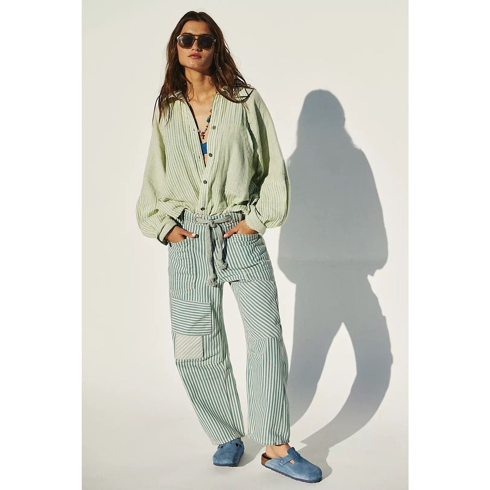 Free People Moxie Low Slung Barrel Railroad Stripe Jeans Size 28 Green Stripe